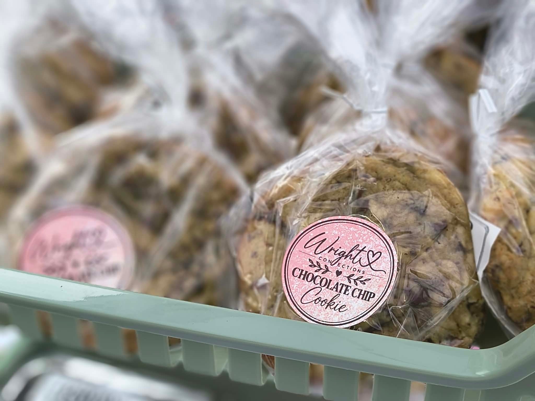 Packaged Wright Confections chocolate chip cookies with pink label
