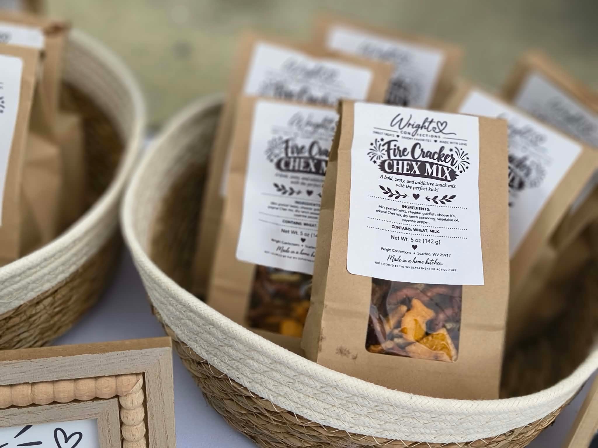 Fire Cracker Chex Mix in kraft bags with Wright Confections label