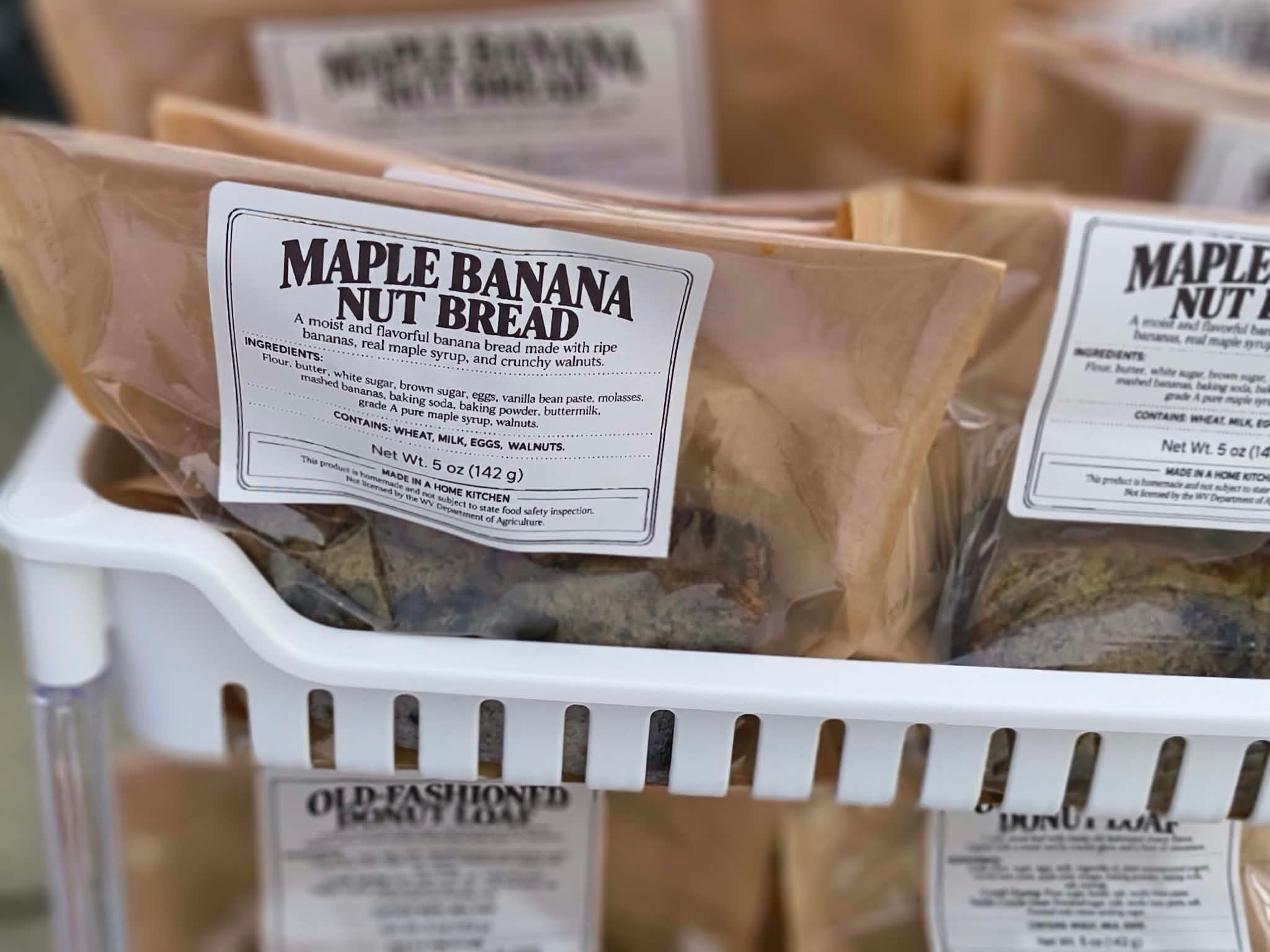Packaged maple banana nut bread loaves